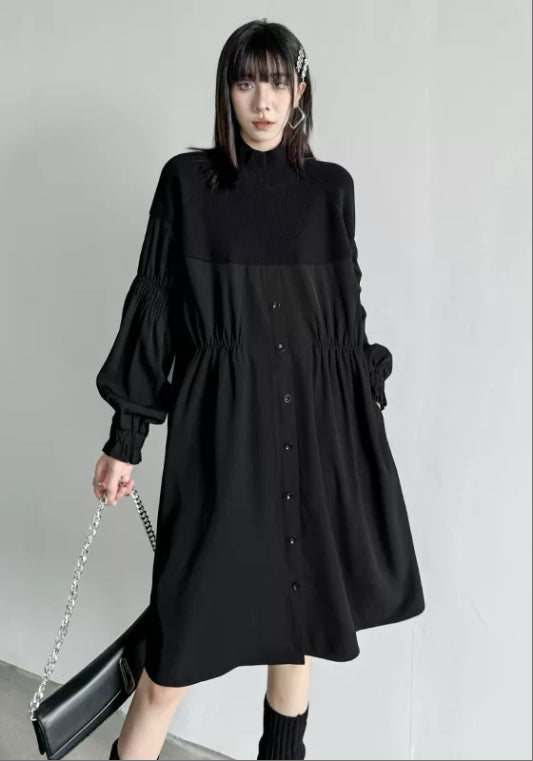 ブラック×グレー切り替えシャツワンピース