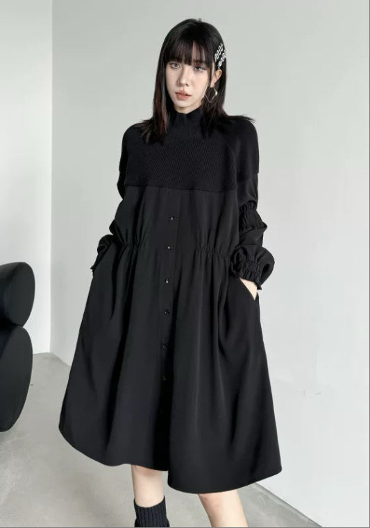ブラック×グレー切り替えシャツワンピース