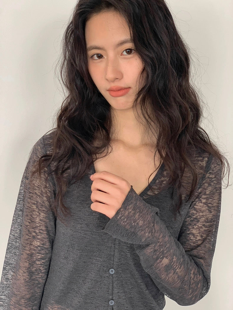 シアー素材ロングカーディガン+カップ付きキャミセット