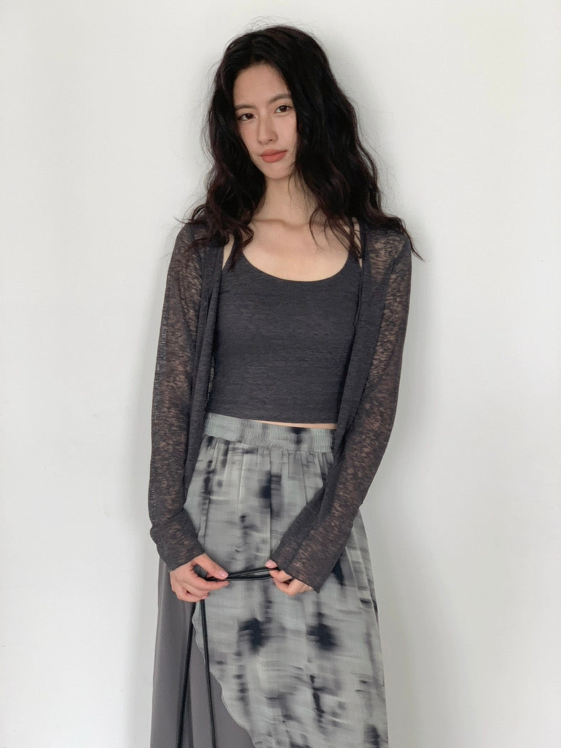 シアー素材ロングカーディガン+カップ付きキャミセット