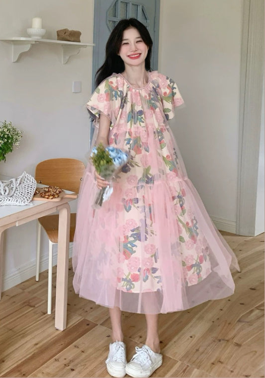メッシュ花柄ワンピース