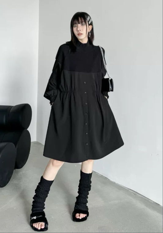 ブラック×グレー切り替えシャツワンピース