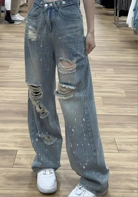 ストーン付きクラッシュデニム