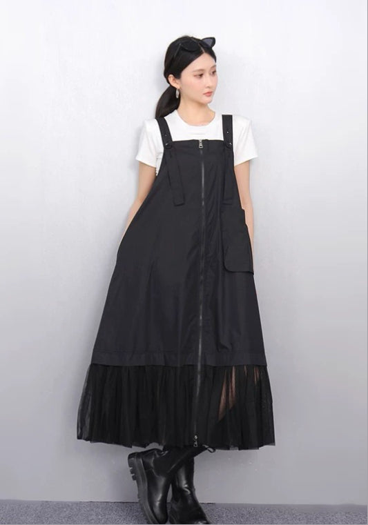 メッシュ切り替えサロペットスカート