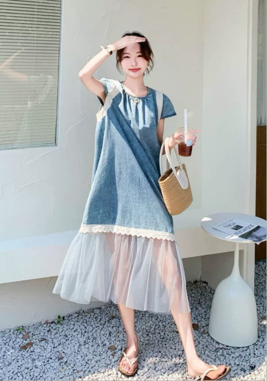 デニム×メッシュワンピース