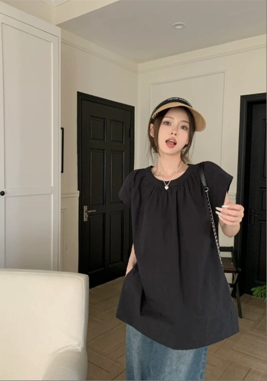 ブラックフリルスリーブゆったりトップス