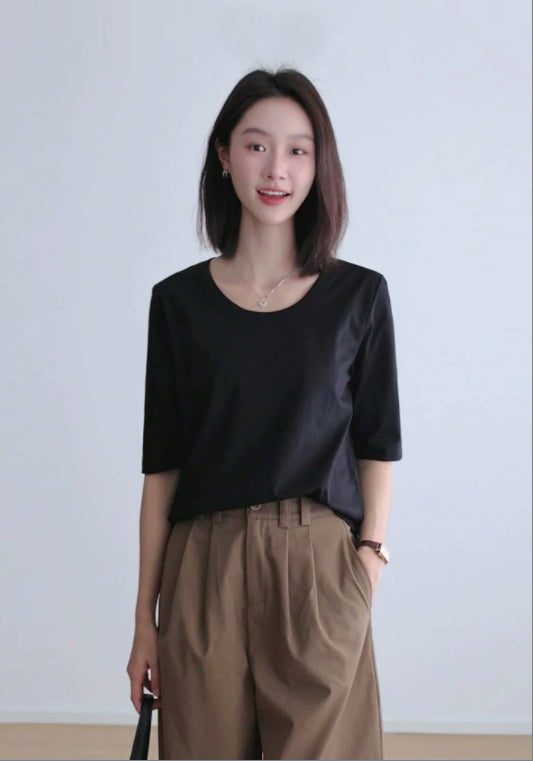 クルーネック五分袖Tシャツ