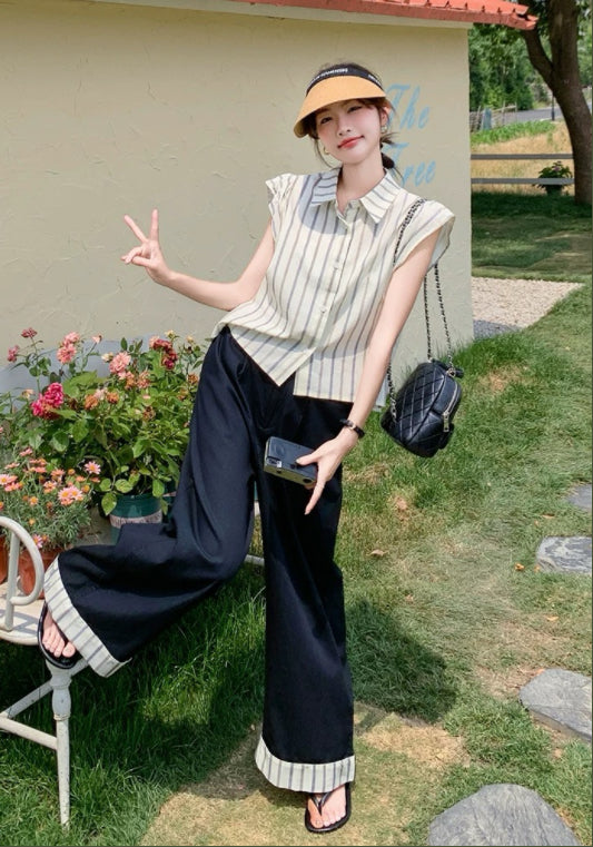 ストライプシャツ×デニムパンツセット