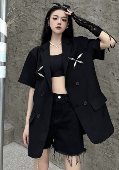 ダーツ刺繍入り ゆったり半袖ジャケット