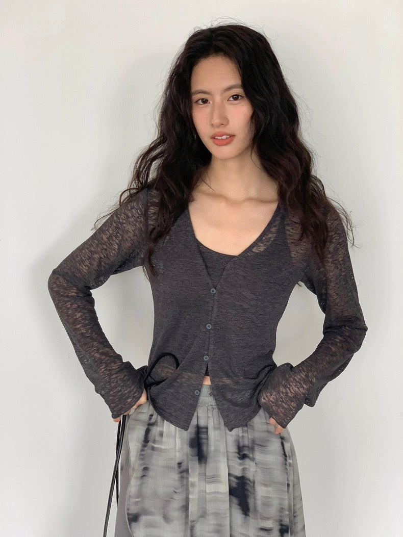 シアー素材ロングカーディガン＋カップ付きキャミセット