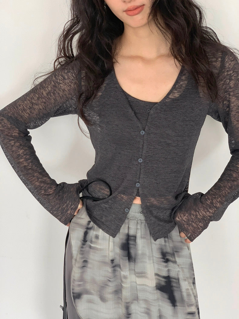 シアー素材ロングカーディガン＋カップ付きキャミセット