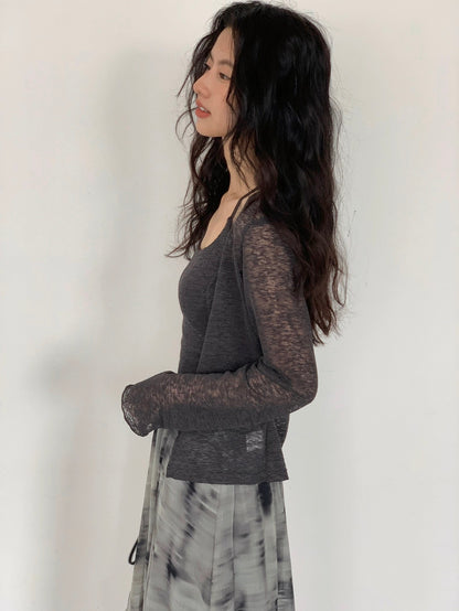 シアー素材ロングカーディガン＋カップ付きキャミセット