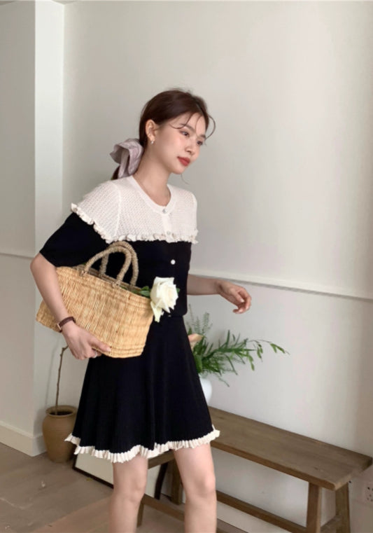 配色フリル ニットトップス＋スカート セットアップ✨